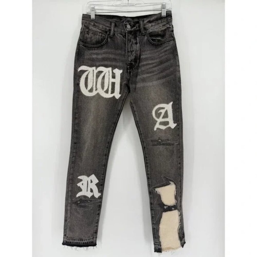 MNML‎ Distressed Embroidered Graphic Jeans, Slim Fit, Black Wash Denim 28x31